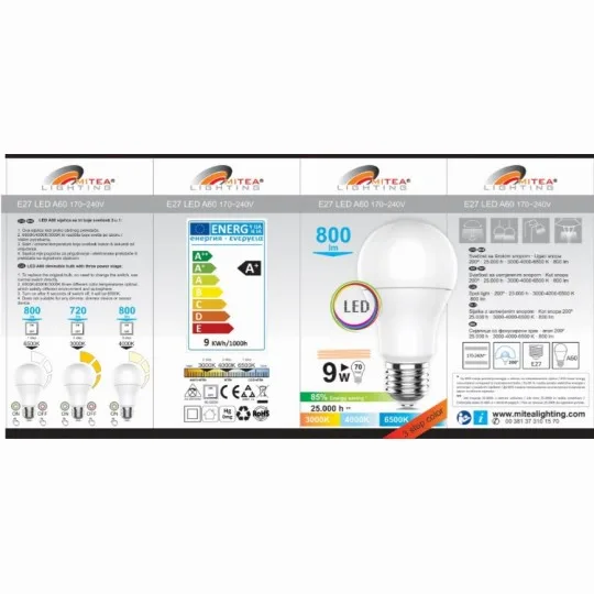 LED sijalica Mitea A60 3CCT 9W E27 3000/4000/6500K - Slika 5