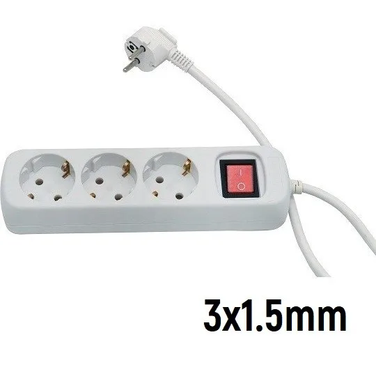 Produžni kabl Tehnoelektro 3 m 3 utičnice sa prekidačem bela 3 × 1,5 mm²